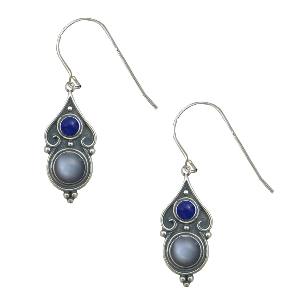 Sterling Silver Designer Post Stud Earrings With Grey Moonstone And Lapis Lazuli